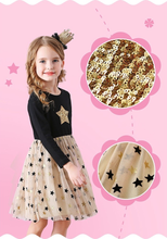 Cargar imagen en el visor de la galería, Vestido Vikita Top negro estrella dorada manga larga Falda tul dorada -81029