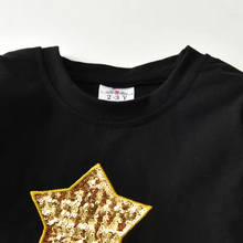Cargar imagen en el visor de la galería, Vestido Vikita Top negro estrella dorada manga larga Falda tul dorada -81029