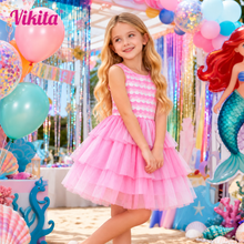 Cargar imagen en el visor de la galería, Vestido Vikita Top Sirena Rosado sin mangas Tul Rosado - 81013
