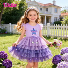 Cargar imagen en el visor de la galería, Vestido Vikita Top Estrella Morada manga corta Falda Tul Morada - 81018
