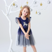 Cargar imagen en el visor de la galería, Vestido Vikita Top Unicornio plateado manga corta Falda Tul Azul y Gris - 81019
