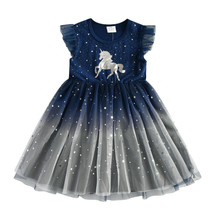 Cargar imagen en el visor de la galería, Vestido Vikita Top Unicornio plateado manga corta Falda Tul Azul y Gris - 81019
