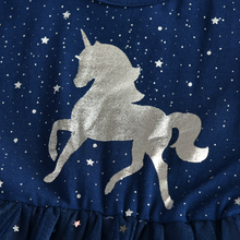 Cargar imagen en el visor de la galería, Vestido Vikita Top Unicornio plateado manga corta Falda Tul Azul y Gris - 81019
