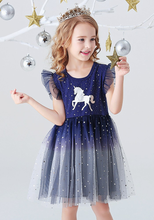 Cargar imagen en el visor de la galería, Vestido Vikita Top Unicornio plateado manga corta Falda Tul Azul y Gris - 81019
