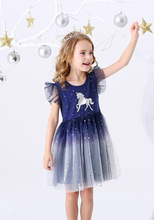 Cargar imagen en el visor de la galería, Vestido Vikita Top Unicornio plateado manga corta Falda Tul Azul y Gris - 81019
