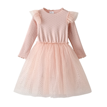 Cargar imagen en el visor de la galería, Vestido Vikita Top puntos dorados  manga larga Falda tul rosada - 81024
