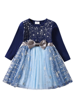 Cargar imagen en el visor de la galería, Vestido Vikita Top Azul marino con Lazo manga larga Falda tul azul -81027
