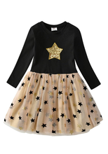 Cargar imagen en el visor de la galería, Vestido Vikita Top negro estrella dorada manga larga Falda tul dorada -81029
