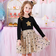 Cargar imagen en el visor de la galería, Vestido Vikita Top negro estrella dorada manga larga Falda tul dorada -81029
