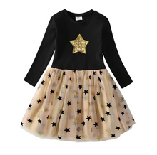 Cargar imagen en el visor de la galería, Vestido Vikita Top negro estrella dorada manga larga Falda tul dorada -81029
