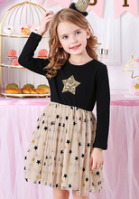 Cargar imagen en el visor de la galería, Vestido Vikita Top negro estrella dorada manga larga Falda tul dorada -81029
