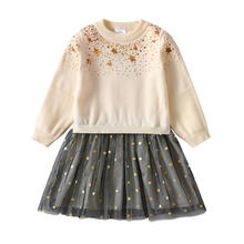 Cargar imagen en el visor de la galería, Vestido Vikita Top Sueter beige estrellas manga larga Falda tul negra y dorada -81030
