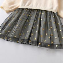 Cargar imagen en el visor de la galería, Vestido Vikita Top Sueter beige estrellas manga larga Falda tul negra y dorada -81030
